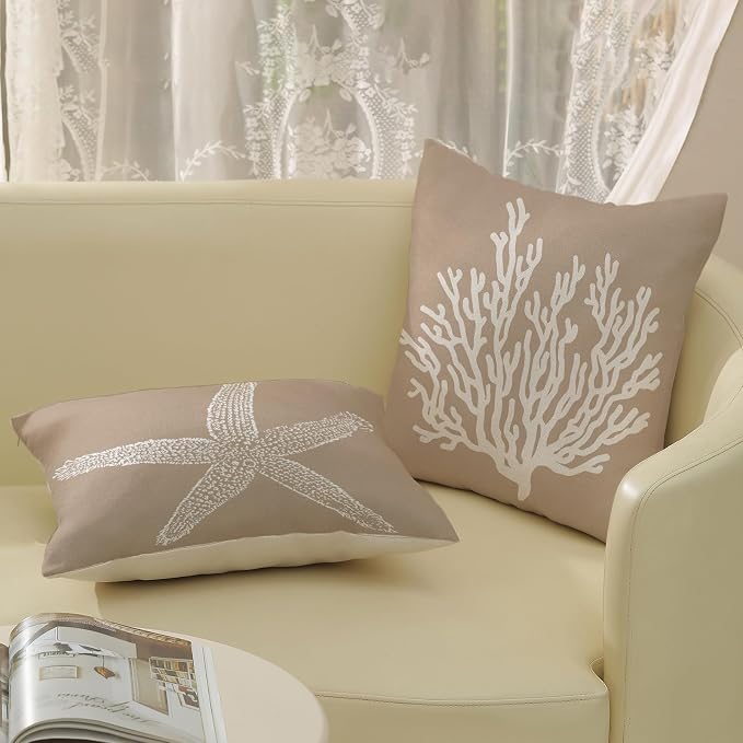 Coastal Pillow Covers 16x16 Inch Set of 2 Brown Tan Coral Starfish Throw Pillows Summer Nautical Beach Ocean Decorations Linen Pillowcase Outdoor Decor Farmhouse Cushion Case for Home Bedroom