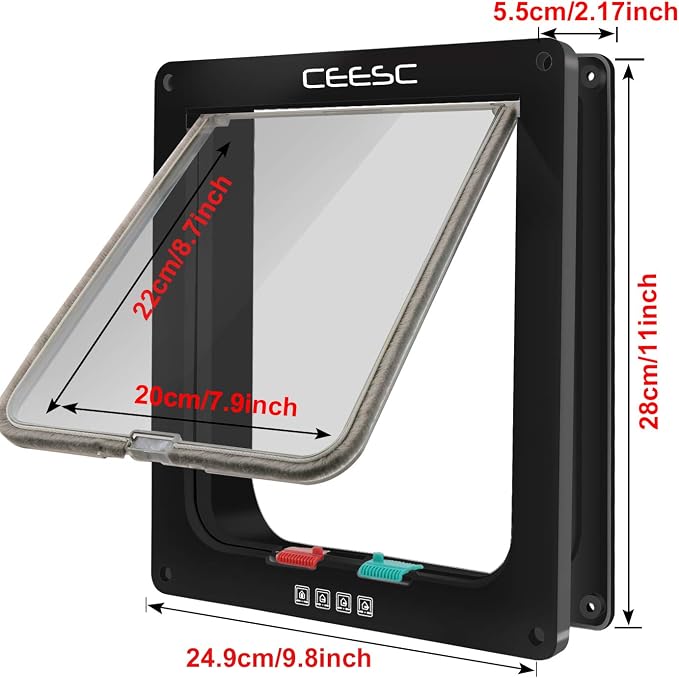 CEESC X-Large Cat Door for Interior/Exterior, Black, for Pets up to 25 lbs | Outer 11"x9.8", Weatherproof, 4-Way Locking, ABS material, for cats & small dogs, waist <24.8"