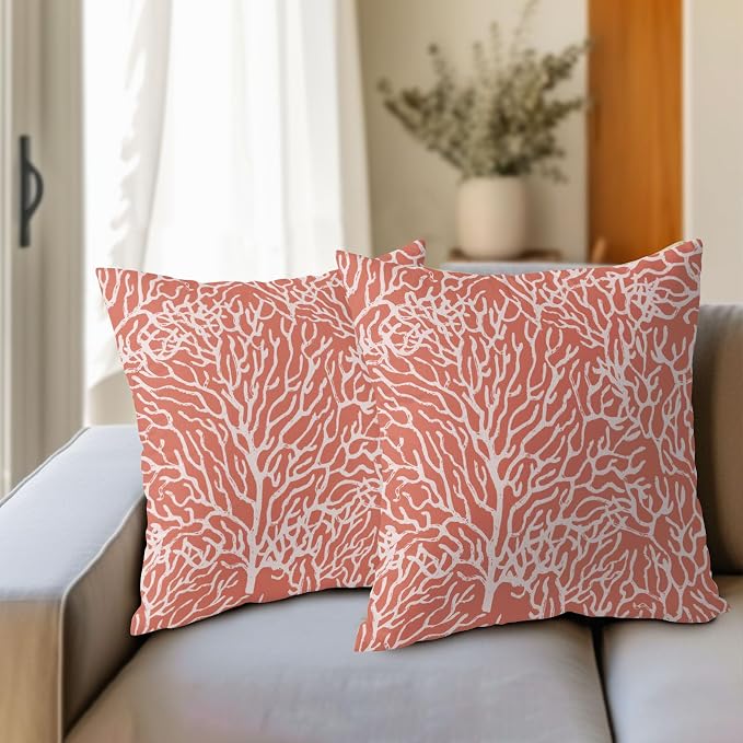 Nautical Coastal Pillow Covers 24x24 Inch Set of 2 Summer Ocean Beach Coral Red Decorative Pillow Cases Outdoor Linen Cushion Cover Farmhouse Decor for Bedroom Home Sofa Couch Bed