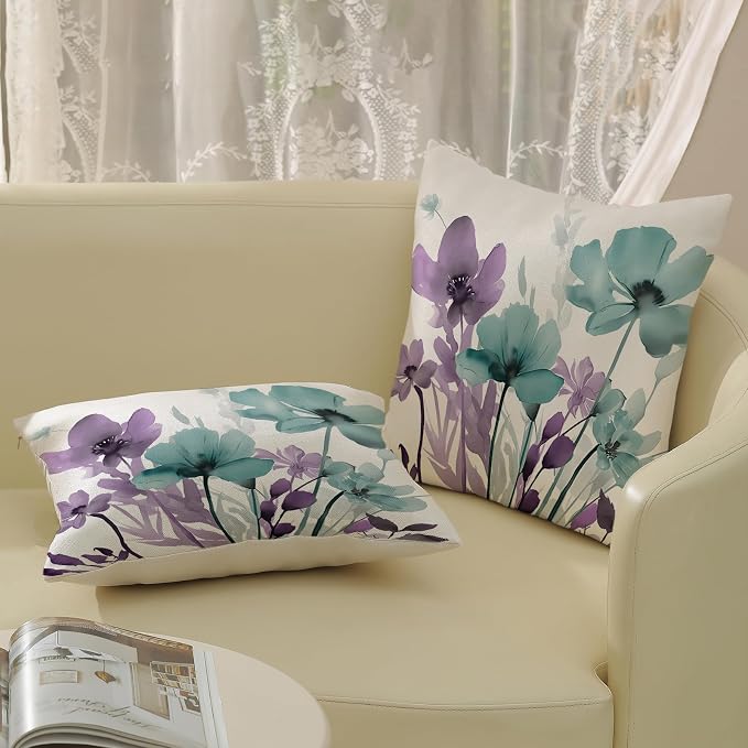 Spring Floral Pillow Covers 18x18 Inches Set of 2 Purple Teal Floral Throw Pillow Cover Outdoor Summer Flower Decoration Pillowcase Farmhouse Decorative Linen Cushion Cover For Home Couch Sofa