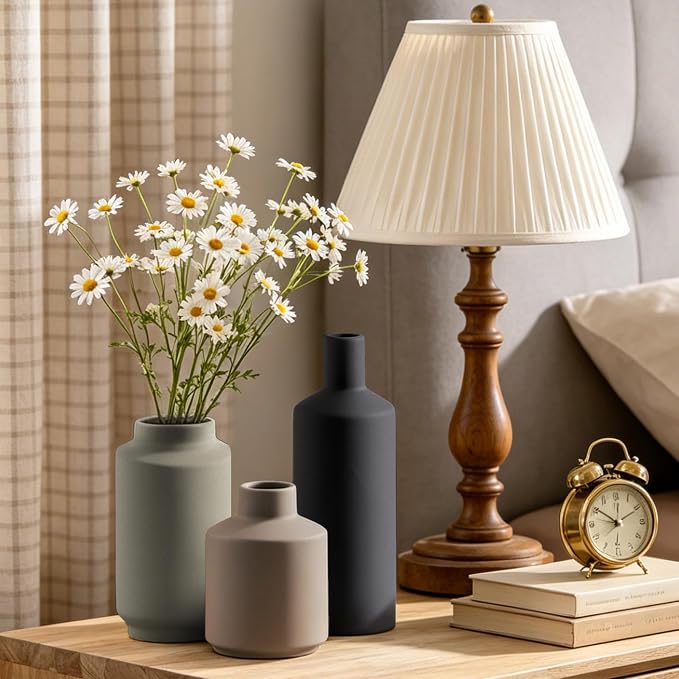 Ceramic Vase Set of 3, Modern Decorative Vases for Home Decor, Small Flower Pottery Vase Sets, Boho Farmhouse Rustic Vases for Living Room, Kitchen, Bedroom, Bathroom, Shelf, Table