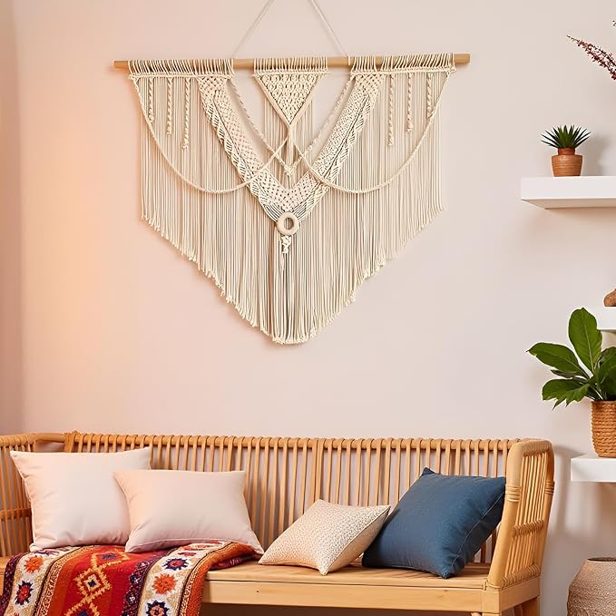 guzhiou Large Macrame Wall Hanging, Boho Woven Tapestry Decor Art, 43"x32" | Handmade bohemian woven tapestry for bedroom, living room, apartment. Perfect Boho style wall decor art for weddings, parties