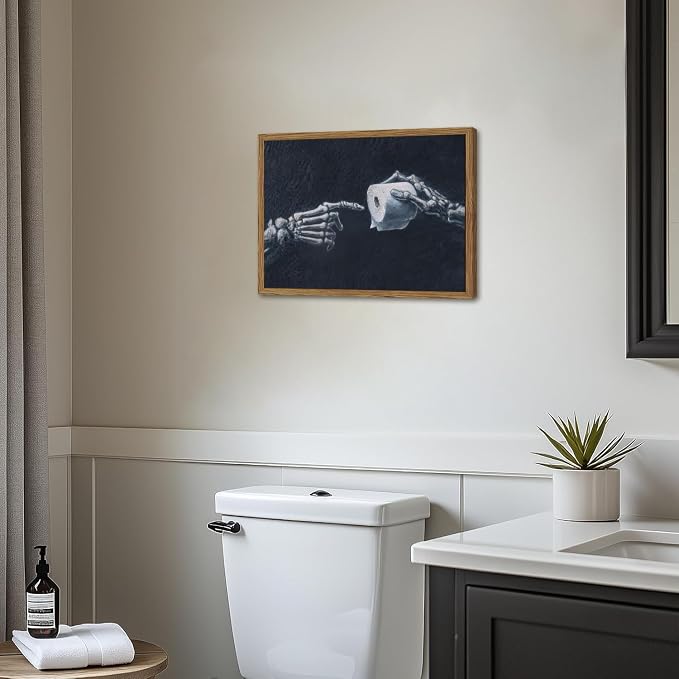 Funny Skeleton Bathroom Wall Art Gothic Skull Hand and Toilet Paper Bathroom Wall Decor Picture, Dark Academia Restroom Poster Canvas Print Painting 16x24 inch Wood Framed