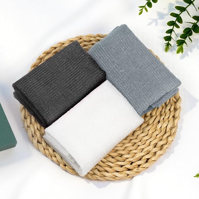Bathway Exfoliating Washcloth, Nylon Bath Towel Body Scrubber with Hanging Strap, Back Scrubber for Shower Japanese Washcloth Loofah - Deep Clean & Rich Lather (Black & White & Gray, Pack of 3)
