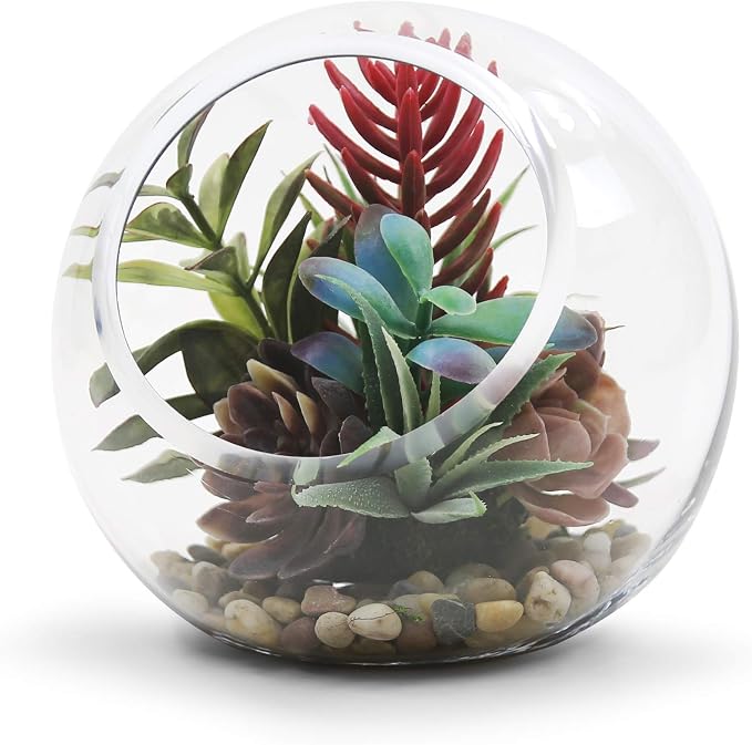 WGV Slant Cut Bowl Glass Vase, Width 7.5", Height 7.5", Clear Round Globe Planter Terrarium Orb, Candy Dish, Fruit Jar, Floral Container for Home Office Decor, 1 Piece