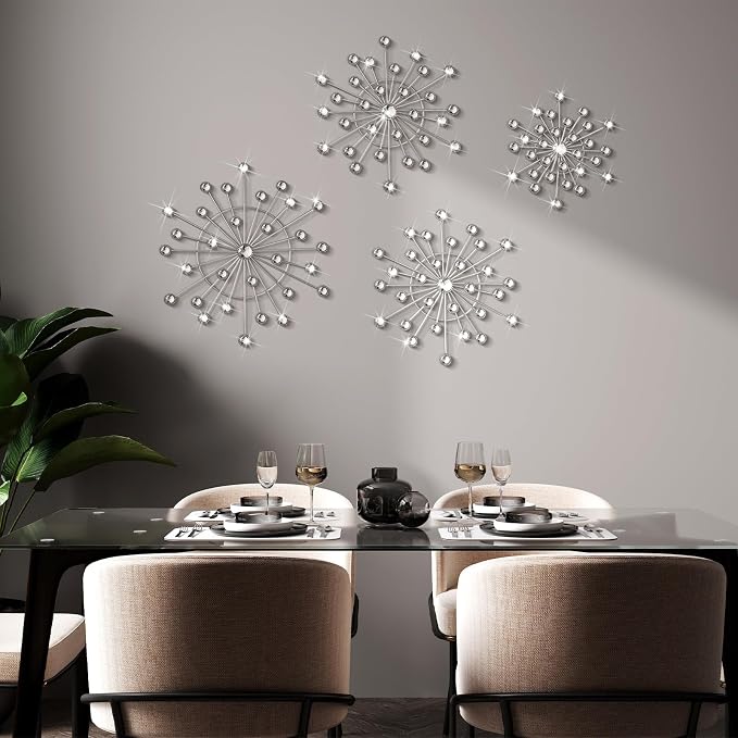 Blulu 4 Pcs Silver Wall Decor Bling Crystal Wall Art Cast Iron Rhinestones Sunburst Decor Metal Starburst Art Hanging Diamond Accents Decorative for Living Room Bedroom Entryway(Silver)