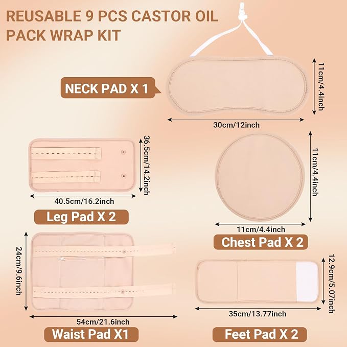9 Pcs Castor Oil Pack Wrap Organic Cotton for Liver Detox, Stomach, Neck & Breast, Knee, Foot & Entire Body, Reusable Compress Castor Oil Pads Kit with Adjustable Elastic Strap, Anti Oil Leak
