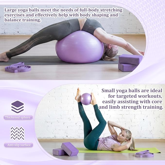 Pilates Set with 2 Yoga Exercise Balls (25.6”&9.8”), Yoga Block, Stretch Strap & Foot Pump, Stability Fitness Ball Kit for Home Gym Equipment Workout Pregnancy Physical Therapy