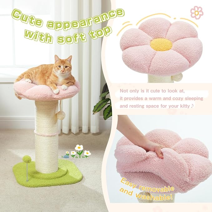 PEQULTI Flower Cat Scratching Post, Super Thick 5.5in Sisal Post, Pink | Small cat & kitten scratcher: removable flower bed, sisal + spring ball, enlarged double base; cute pink flower cat tree