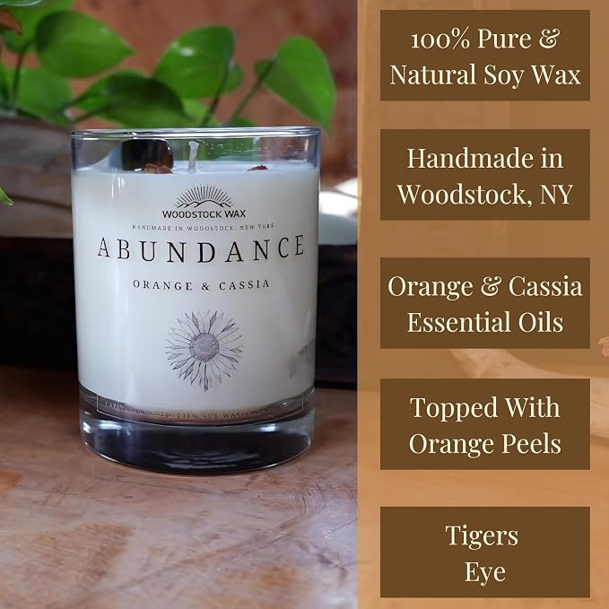 Candlestock Abundance Soy Wax Candle, Sweet Orange & Cassia Essential Oils, Tiger's Eye & Orang Peel Topped, Handmade in NY