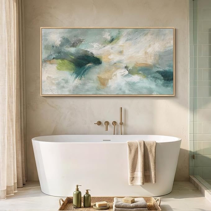 Large Framed Horizontal Sage Green Abstract Wall Art, 1 Piece 30x60 In | Modern teal canvas prints, Wood frame, Contemporary wall pictures, Minimalist artwork, Wall decor for bedroom dining room