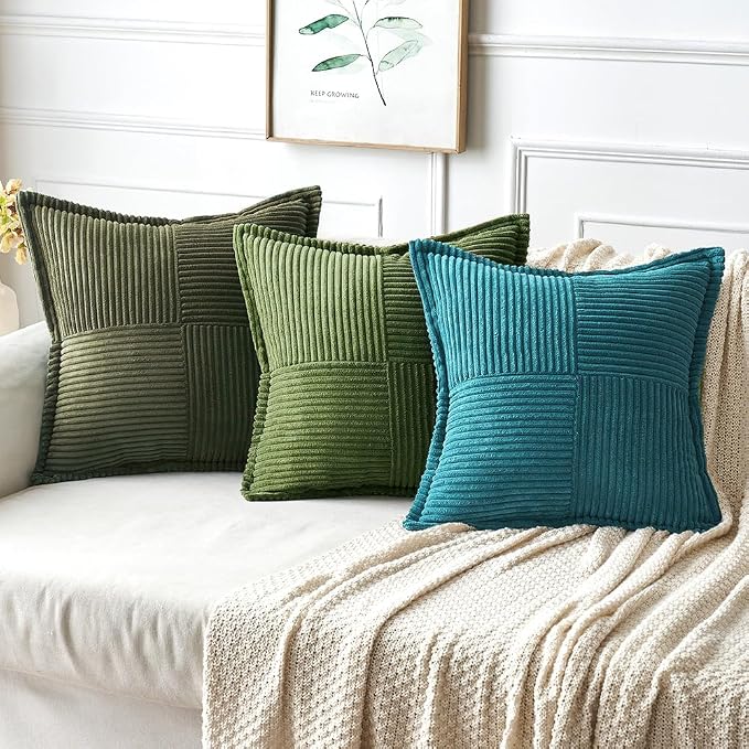 MIULEE Decorative Throw Pillow Covers for Couch 20x20 Inch Teal Blue 2 Pack | Boho Broadside Striped Patchwork Pillow Covers, Soft Corduroy Cushion Cases, For Sofa Bed Livingroom Home Decor