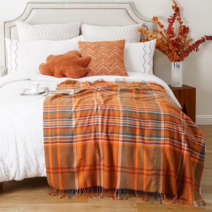 Orange Plaid Throw Blanket for Couch, Fall Throw Blanket 50"x60" Fall Decor | Lightweight Buffalo Plaid Blanket Throw, Soft Woven Throws with Tassels, Checkered Blanket for Bed, Sofa, Autumn, Home Decor