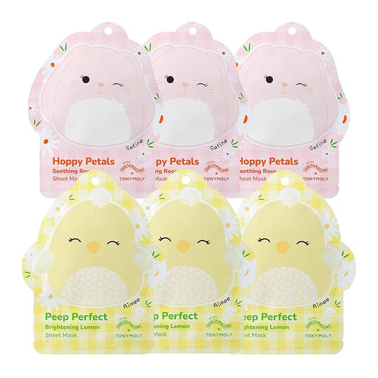 TONYMOLY x Squishmallows 6-Piece Easter Sheet Mask Gift Set – Aimee Vitamin C Lemon + Satine Rose Chamomile – Hydrating K-Beauty Masks, Easter Basket Gift & Party Favor for Teens & Girls