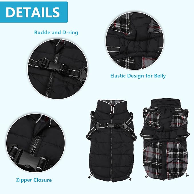 Geyecete Winter Warm Coat Waterproof Dog Jacket with Harness Traction Belt, Pet Outdoor Jacket - Black, XXL