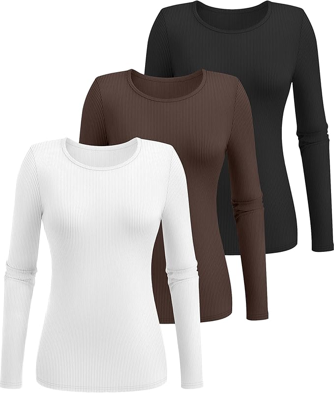 Ficerd 3 Pack Women's Ribbed Long Sleeve Tops, Crew Neck Slim Fit Undershirts Knit Basic Casual Stretch Layering Tee Shirts