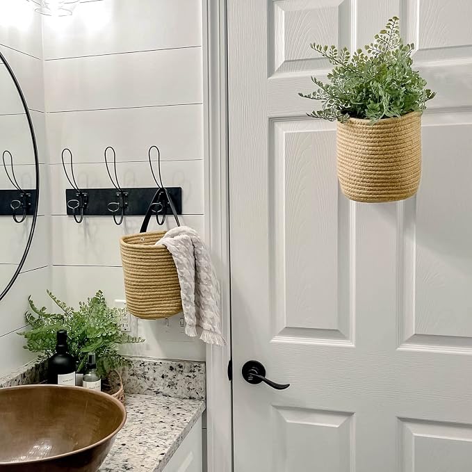 Goodpick 2 Pack Jute Wall Hanging Storage Baskets, Over Door Organizer | Boho Woven Hanging Plant Basket Decor, Decorative Basket for Home, Size 7.87×7×11.7 Inches for Wall Flower & Home Storage