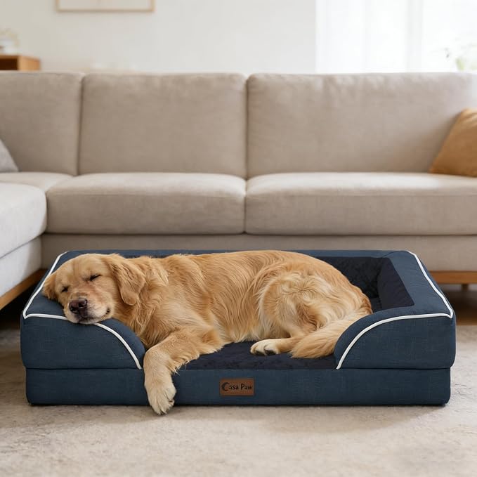 Orthopedic Dog Bed for Extra Large Dogs, 42x30in, Navy Blue | Orthopedic Foam Relieves Joint Pressure, Bolsters Supports Head And Neck, Washable Cover, Non-Slip Bottom