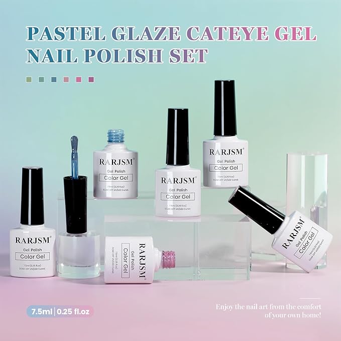 RARJSM Sheer Pastel Glaze Glassy Ceramic Cat Eye Gel Nail Polish Set 6Pcs Light Green Mint Sky Blue Nude Rosy Pink Lavender Mauve Moonlight Shimmer Cateye Gelpolish with Magnetic Stick Curing Require