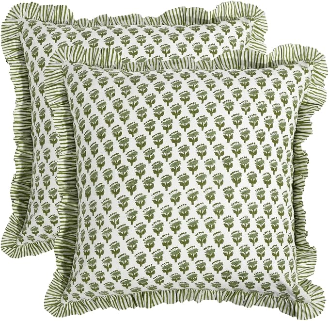 CPC Block Print Ruffle Throw Cover Emerald Green 16"x16" Inch Pack of 2-100% Cotton Ruffle Couch Decorative Boho Pillows Case for Living Room, Bedroom, Sofa, Farmhouse Gift for Spring, Mother's Day