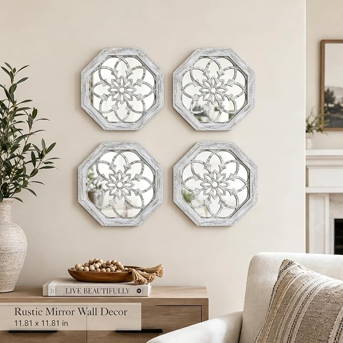 4 Pack 12 Inch Octagon Grey Rustic Wood Frame Acrylic Wall Mirrors, Farmhouse Boho Wall Art Decor for Living Room, Bedroom, Hallway, Entryway, Bathroom & Office