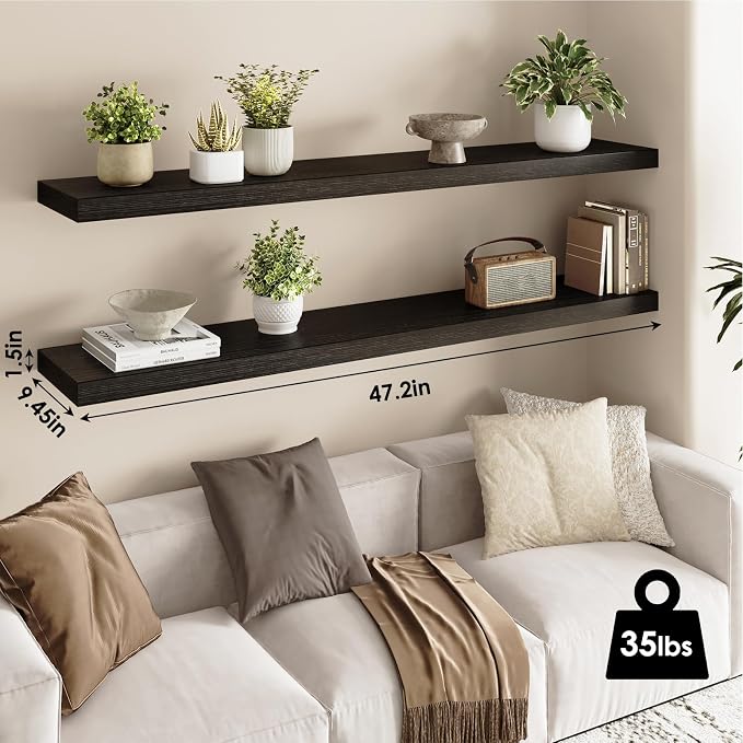 Fixwal Floating Wall Shelves for Decor (Black, Set of 2, 47.2Inch) | MDF Shelf with Metal Brackets, Space Saving for Books , Decor, Fits Bathroom, Kitchen, Bedroom, or Office