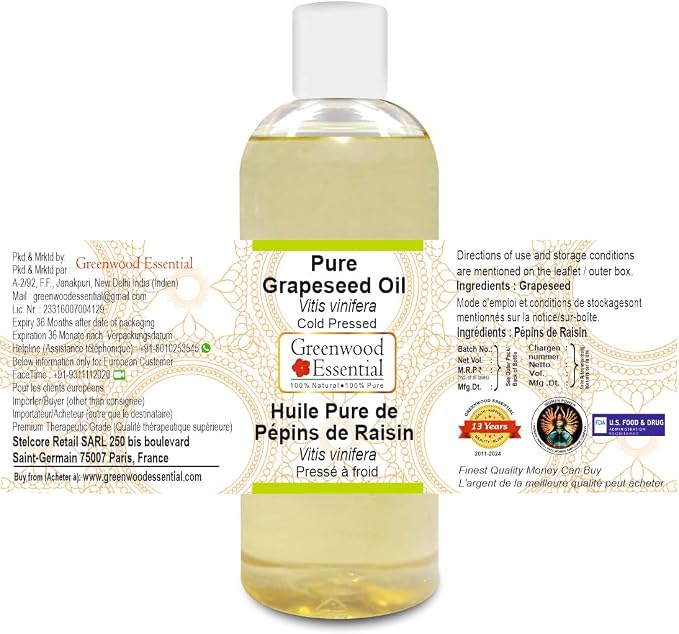 Greenwood Essential Pure Grapeseed Oil (Vitis vinifera) Cold Pressed 200ml (6.76 oz)