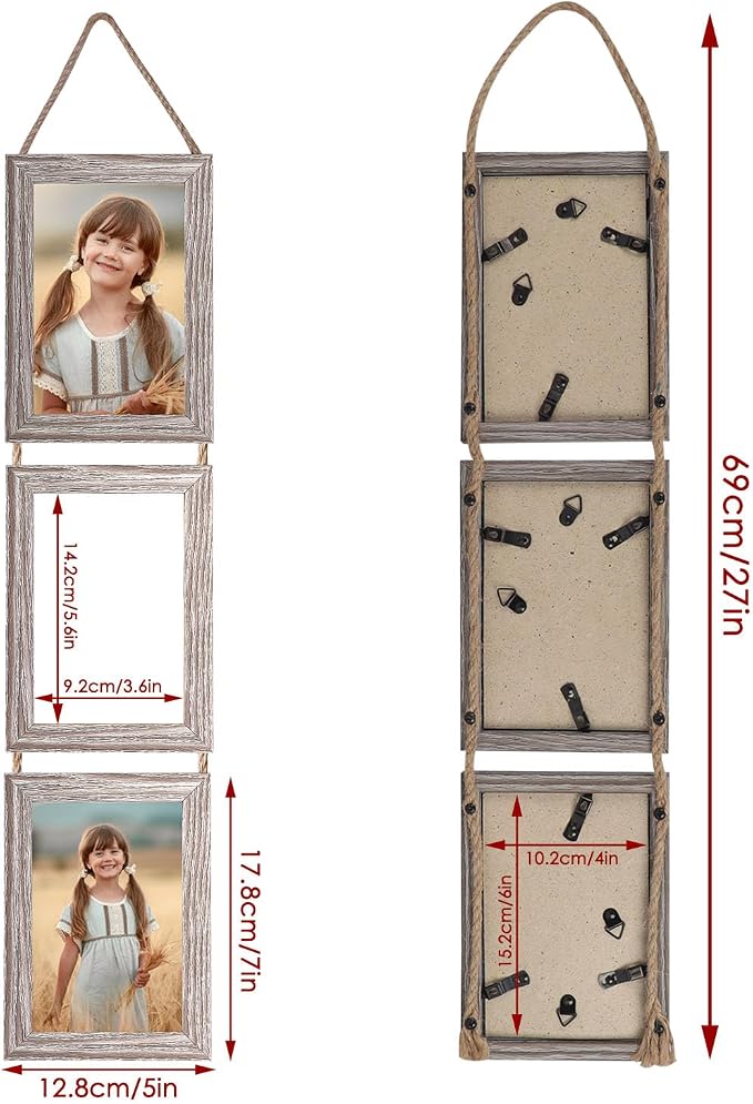 QUTREY 4x6 Picture Frames Collage Rustic, 3 Openings 4 x 6 Vertical Hanging Photo Frames Display 4 by 6 inch Pictures for Wall Decor Home Decor