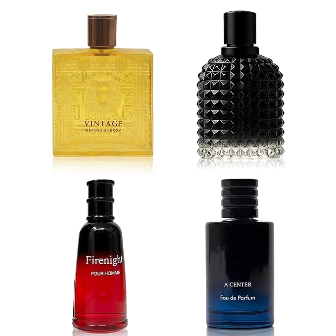 A CENTER Men's Cologne Include 4 Variety Pack Perfume Gift Set- 3.4 Fl Oz Each Eau De Parfume Tobacco,Musk,Woody,Masculine Scent Long Lasting Fragrance(MilanoMR&Salva&VintageEn&FirenighFC)