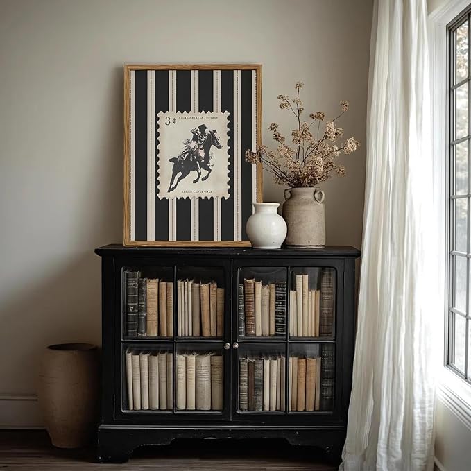 Vintage Western Cowboy Wall Art Black and White Striped Cowboy Riding Horse Wall Decor Paintings Mid Century Rodeo Southwestern Poster Canvas Print for Bedroom Living Room 12x16 inch Wood Framed