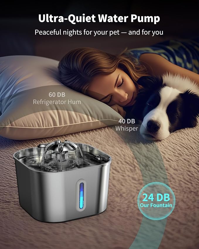 Stainless Steel Cat Water Fountain - 74oz/2.2L Cat Drinking Fountain | Quiet Cat Fountain for Indoor Cats and Small Dogs, Automatic Pet Water Dispenser Keeps Fresh Water