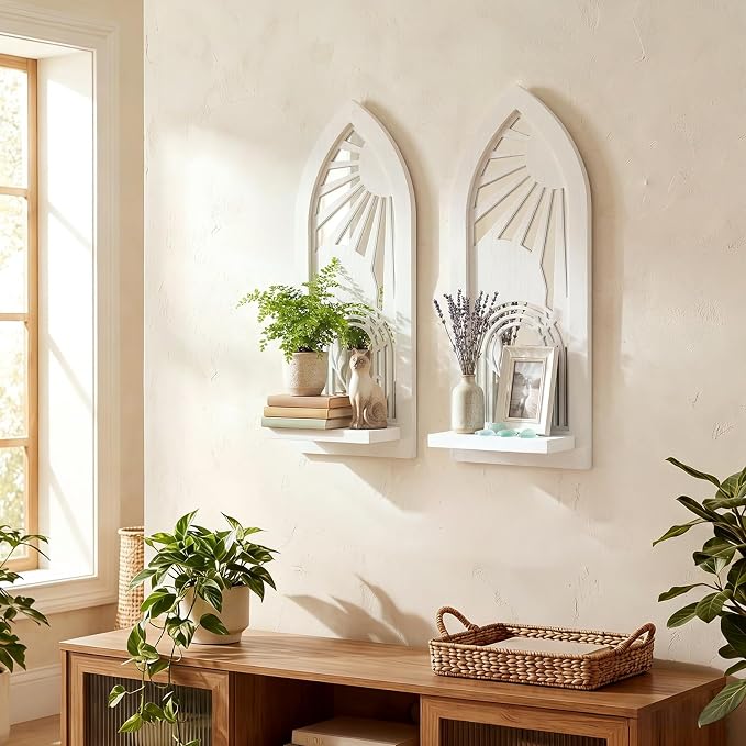 ZEXUIRU 2 Set Rustic Candle Sconces Living Room Bedroom Entryway Wood Mirrored, Farmhouse, Carved Frame Wall-Mount Wooden Candle Holders Wall Decor Hanging Handmade Holder - Distressed White