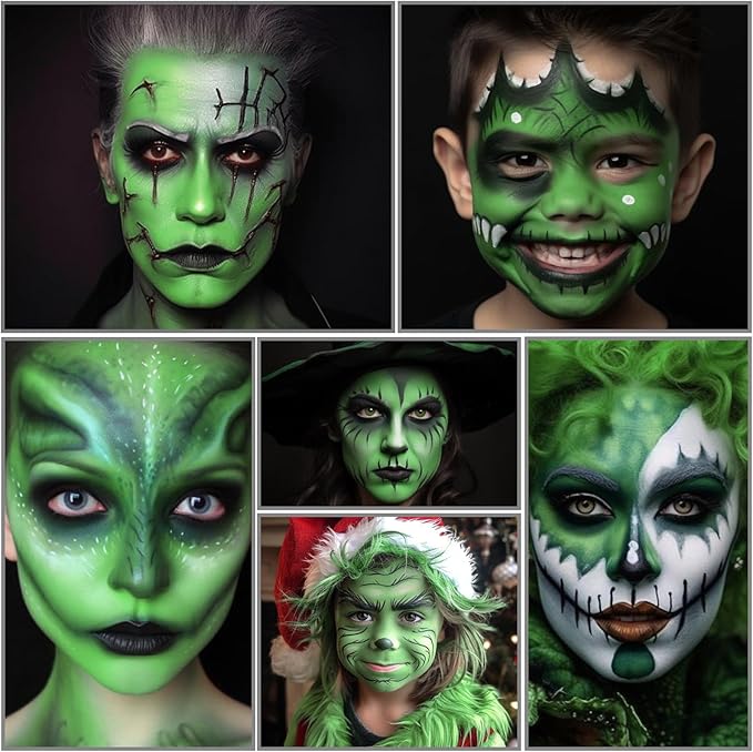 White Black Green Face Body Paint with Painting Brushes Halloween Makeup Set, Water Based Facepaint for Kids Adults Party for Witch Shrek Alien Grinch Hulk Costume Cosplay Special Effects Make Up