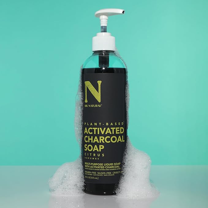 Dr. Natural Activated Charcoal Liquid Soap - Combat Acne and Blemishes - Deep Cleansing Body Wash - Gentle Body Soap for Clear Skin - Citrus - 16 oz