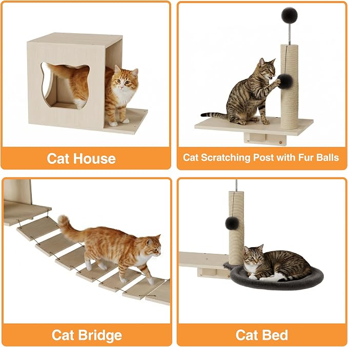 Cat Wall Shelves, 8-Piece Modern Wall-Mounted Cat Furniture Includes House, Bridge, Steps, Scratcher, Perch & Lounge for Indoor Cats, Space-Saving Wall Mounted Cat Shelves for Play & Rest