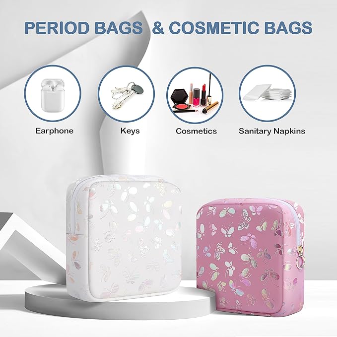 Likesing Period Bag Pouch, Leather Sanitary Napkin Storage Bag for Girls Womens, Portable Sanitary Napkin Period Pad Pouch Bag for Purse, Small Make Up Bags(Pink Butterflies)