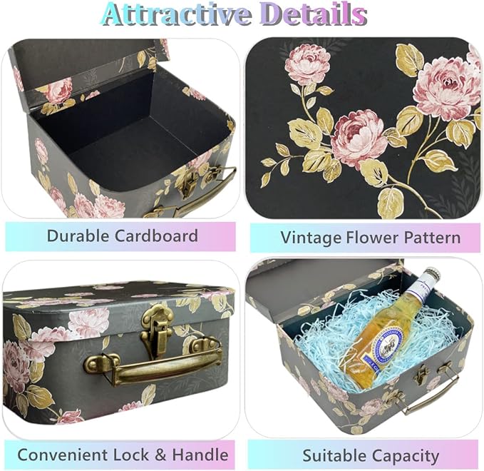 Decorative Boxes Set of 3 Decorative Storage Boxes With Lids, Cardboard box, Vintage Suitcase for Home Decoration, Photo Storage, Hat Boxes (Black Flowers)