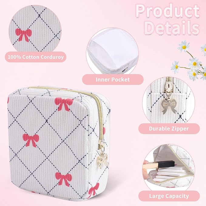 Period Bag for Women - Cute Corduroy Sanitary Napkin Storage Bag with Bow Design | Period Pouch for Daily Use, Travel | Discreet Menstrual Pouch | Pad Bags for Period Holds Pads, Tampons