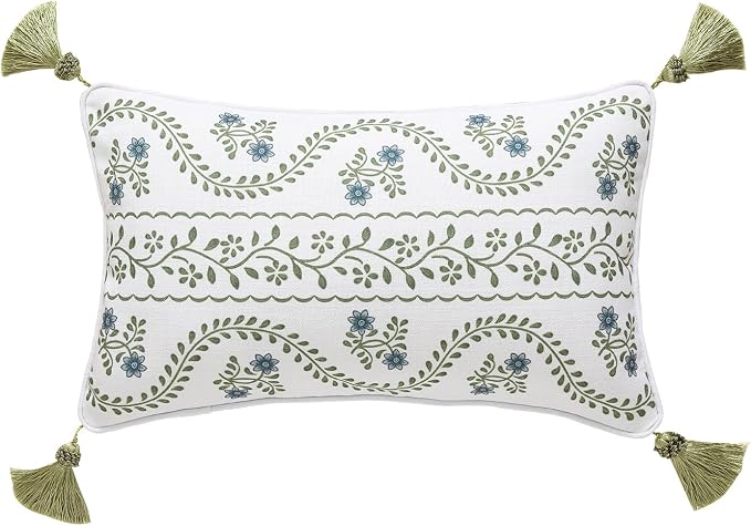 Designer Vintage Linen Throw Pillow Cover,20"x12"-Mosella D | French Elegant Rectangle Decor Pillow Cover,Concealed Zipper Design,Floral Pattern,Sofa,Bedroom,Living Room,Lounge Chairs