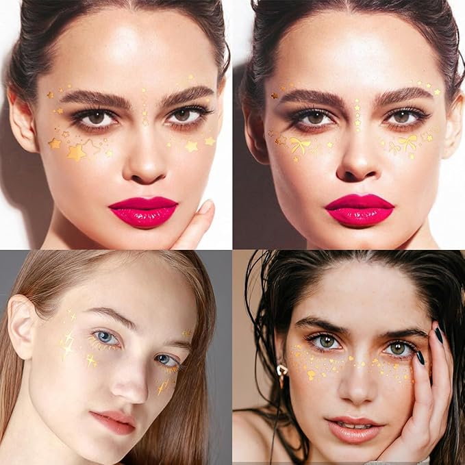Gold Glitter Freckles Face Tattoo Face Makeup Patches Fake Freckles Faux Freckles Sparkle Freckles Waterproof Gold Freckles Temporary Face Tattoos Cute Face Glitter for Women Accessories 10 Sheets