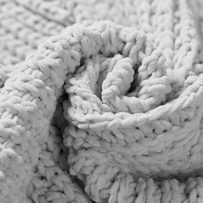 Knit Throw Blanket, Soft Chenille Cozy Breathable Chevron Chunky Decorative Blanket for Couch, Bed & Sofa, French-Inspired Lightweight Warm Gift for Women, Light Gray, 50"x60"
