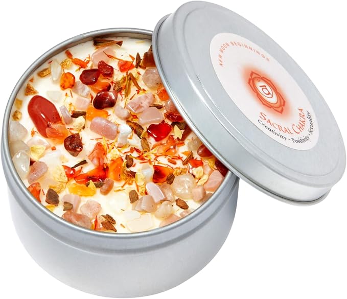 Sacral Chakra Candle by New Moon Beginnings - Chakra Candles - Dried Flower, Herb, & Crystal Candles - Aromatherapy Candles - Soy Candle - 8oz Tin