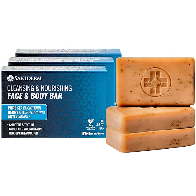 Saniderm Face & Body Bar, Cleansing Soap with Citrus Scent (3 Bars) – Hydrates and Heals Tattoos With Nourishing Sea Buckthorn Oil + Omega 7