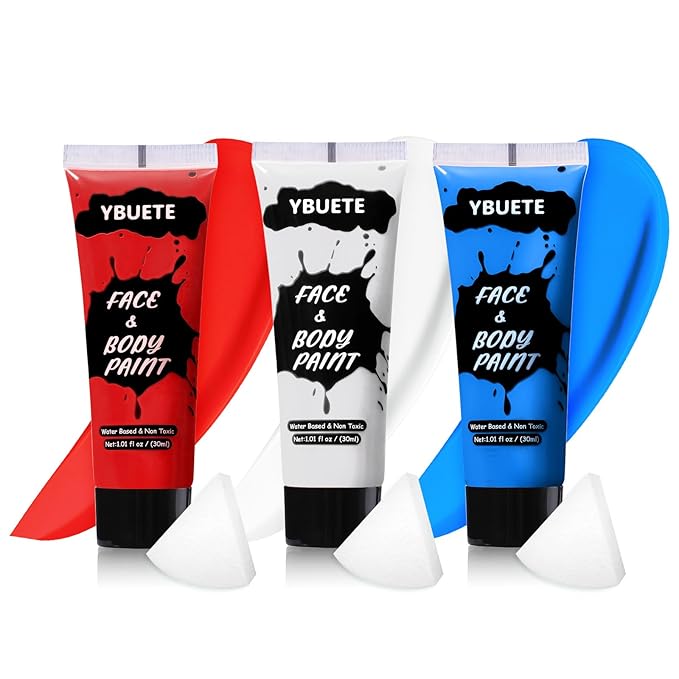 3Pcs Face Body Paint, Professional Paint for Halloween Cosplay Costume Party, Body Paint for 4th of July Pride Independence Day or America's Patriotic Veterans Events, USA Flag Face Painting