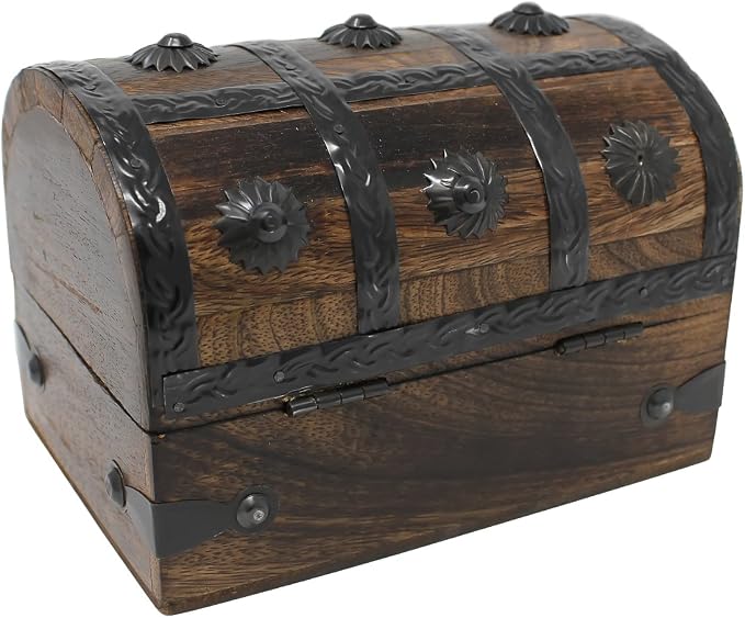 Treasure Chest Keepsake and Decorative Wood Box (Medium 6.5x4.5x4.5) - Storage Box, Wooden Box with Hinged Lid, Rustic Storage, Pirate Storage Box, Vintage Wooden Chest