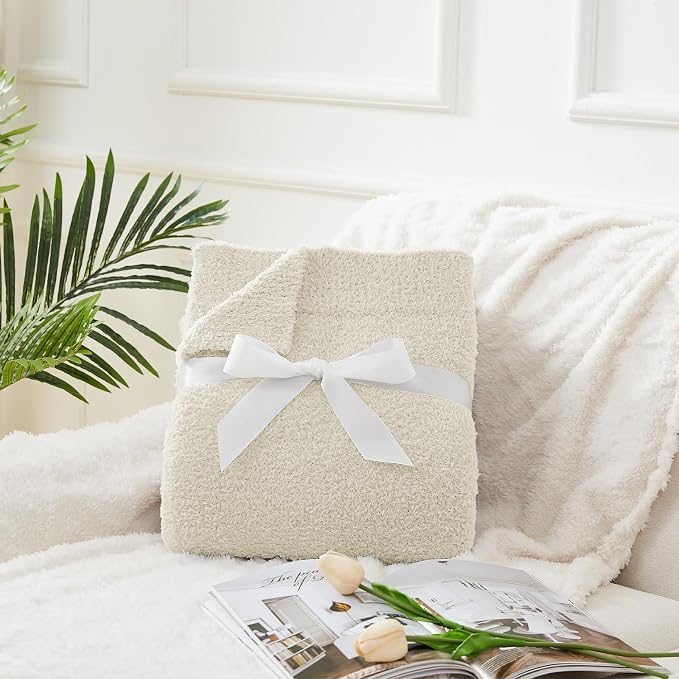 Super Soft Knit Throw Blanket Throw Size Beige - Lightweight Plush Fuzzy Fluffy Warm Cozy Blankets and Throws for Sofa Bed All Season Use, 50x60 inches
