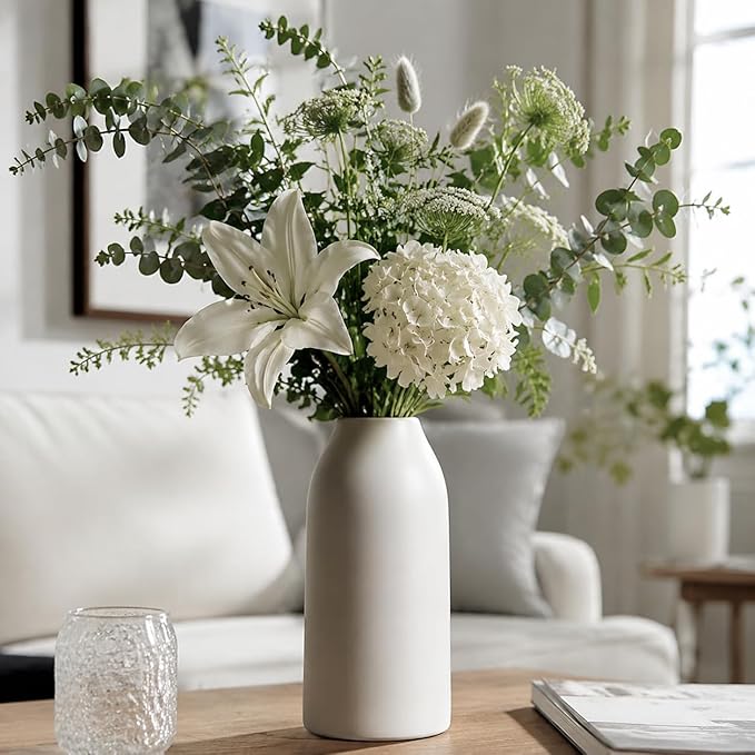 hjn 12 Inch White Ceramic Vase for Flowers, Matte Tall Modern Vase for Decor Minimalist Flower Vase for Home Decor Living Room Tabletop Centerpiece