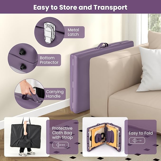 Giantex Massage Table, Portable Massage Bed w/Carrying Case, 2-Section Salon Spa Facial Care Tattoo Bed, Height Adjustable, Wood Frame, Professional Massage Lash Bed for Eyelash Extension (Purple)