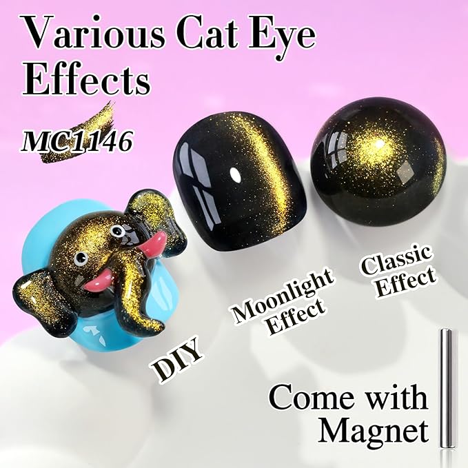 Double Rhythm Cat Eye Gel Polish with Magnet 15ML Glass Holographic Glitter Shimmer Translucent Sheer Color Salon Soak Off Magnetic at Home (Black Gold-MC1146)