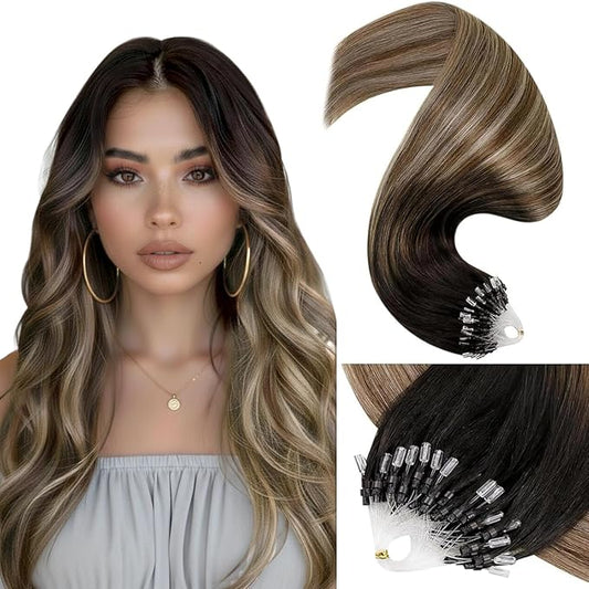 LaaVoo Microlink Hair Extensions Human Hair Balayage Brown Micro Loop Extensions Real Human Hair Microbead Hair Extension Darkest Brown to Medium Brown with Ash Brown 50g 50s 16in
